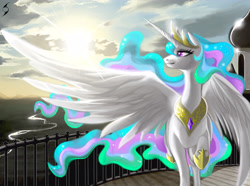 Size: 4724x3508 | Tagged: safe, artist:blackrunewarlock, princess celestia, alicorn, pony, canterlot, female, high res, mare, raised hoof, river, solo, spread wings, sun