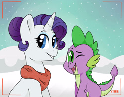 Size: 3821x3000 | Tagged: safe, artist:broohan, rarity, spike, dragon, pony, unicorn, female, male, shipping, snow, snowfall, sparity, straight