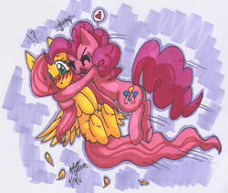 Size: 569x481 | Tagged: safe, artist:mahoxyshoujo, fluttershy, pinkie pie, earth pony, pegasus, pony, blushing, female, flutterpie, heart, hug, lesbian, shipping, traditional art, underhoof