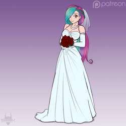 Size: 1024x1024 | Tagged: safe, artist:scorpdk, princess celestia, human, alternate hairstyle, beautiful, bouquet, braid, bride, clothes, cute, cutelestia, dress, eye clipping through hair, female, flower, gradient background, hair over one eye, humanized, looking at you, necklace, patreon, rose, smiling, solo, wedding dress, wedding veil