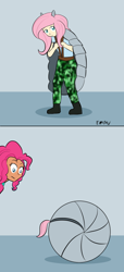 Size: 454x1000 | Tagged: safe, artist:empyu, fluttershy, pinkie pie, human, armadillo, clothes, comic, costume, flutterball, humanized, morph ball, wat