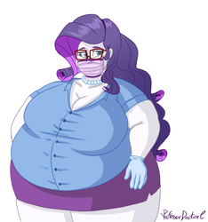 Size: 800x854 | Tagged: safe, artist:professordoctorc, rarity, equestria girls, bbw, belly, big belly, breasts, cleavage, clothes, face mask, fat, fat boobs, female, glasses, gloves, jewelry, morbidly obese, necklace, obese, pearl necklace, raritits, raritubby, shirt, simple background, skirt, ssbbw, surgical mask, white background