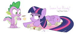 Size: 1000x450 | Tagged: safe, artist:dm29, derpibooru import, spike, twilight sparkle, twilight sparkle (alicorn), alicorn, dragon, pony, season 4, coffee, dialogue, duo, female, mare, scroll, simple background, transparent background