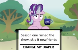 Size: 1024x662 | Tagged: safe, edit, starlight glimmer, pony, unicorn, season 1, background pony strikes again, bush, change my mind, diaper, female, flower, glowing horn, horn, i mean i see, implied diaper fetish, levitation, magic, mare, meme, much better, mug, multicolored mane, pink coat, sign, signature, sitting, solo, table, telekinesis, text, tree