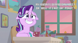 Size: 1280x717 | Tagged: safe, edit, edited screencap, screencap, starlight glimmer, pony, unicorn, student counsel, black bars, blatant lies, bowl, bracelet, cartoonito logo, cup, dialogue, female, floppy ears, jewelry, mare, meta, ponut, solo