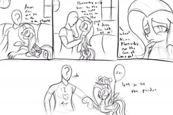 Size: 1800x1200 | Tagged: safe, artist:frikdikulous, fluttershy, oc, oc:anon, human, pony, comic, cute, cutemail, dialogue, grayscale, holding a pony, monochrome, pouting, shyabetes, sketch