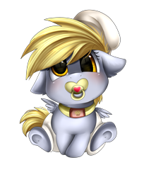 Size: 1774x2174 | Tagged: safe, artist:pridark, derpy hooves, pegasus, pony, baby, baby pony, blushing, collar, commission, cute, derpabetes, female, hnnng, looking at you, pacifier, simple background, solo, transparent background, weapons-grade cute, younger
