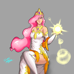 Size: 5000x5000 | Tagged: safe, artist:issac95, princess celestia, human, absurd resolution, breasts, cleavage, clothes, crepuscular rays, dress, female, humanized, lens flare, simple background, sitting, solo