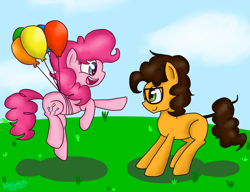 Size: 1024x788 | Tagged: safe, artist:jayivee, cheese sandwich, pinkie pie, earth pony, pony, balloon, female, male, mare, stallion