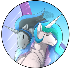 Size: 1300x1230 | Tagged: safe, artist:kuroleopard, king sombra, princess celestia, alicorn, pony, unicorn, celestibra, eyes closed, female, fluffy, good king sombra, male, mirror universe, neck hug, shipping, straight