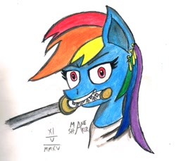 Size: 937x853 | Tagged: safe, artist:mane-shaker, derpibooru import, rainbow dash, pegasus, pony, colored, earring, katana, one piece, piercing, roronoa zoro, solo, sword, traditional art, weapon