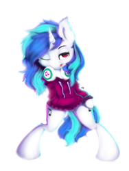 Size: 900x1200 | Tagged: safe, artist:moondreamer16, dj pon-3, vinyl scratch, pony, unicorn, bipedal, both cutie marks, clothes, female, headphones, mare, one eye closed, simple background, smiling, solo, sweater, tongue out, wide hips, wink