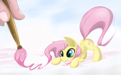 Size: 2455x1534 | Tagged: safe, artist:malifikyse, fluttershy, pegasus, pony, behaving like a cat, cute, drawn into existence, face down ass up, folded wings, hand, looking at something, paintbrush, shyabetes, smiling, solo