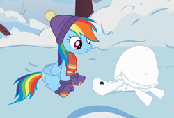 Size: 2200x1500 | Tagged: safe, artist:tizerfiction, derpibooru import, rainbow dash, tank, pegasus, pony, tanks for the memories, clothes, cute, hat, scarf, sitting, smiling, snow, snow tortoise, snowman, socks, solo, winter