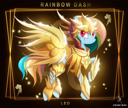 Size: 3840x3232 | Tagged: safe, artist:zidanemina, derpibooru import, rainbow dash, pegasus, pony, armor, crossover, female, god cloth, gold saint, leo, mare, saint seiya, solo, zodiac