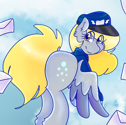 Size: 1712x1700 | Tagged: safe, artist:inspirationalponies, derpy hooves, pegasus, pony, clothes, ear fluff, female, flying, hat, letter, looking at you, looking back, looking back at you, mailmare, mare, smiling, solo, spread wings, wings