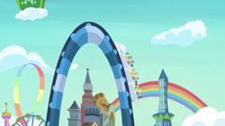 Size: 1280x720 | Tagged: safe, derpibooru import, screencap, apple rose, auntie applesauce, goldie delicious, granny smith, rainbow dash, cat, pegasus, pony, grannies gone wild, equestria land, gold horseshoe gals, las pegasus, rainbow, rollercoaster, wild blue yonder