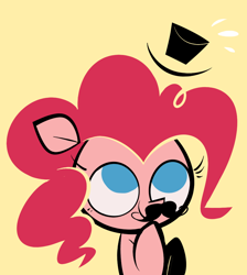 Size: 850x950 | Tagged: safe, artist:footsam, pinkie pie, earth pony, pony, ask, ask pinkie pie and tornado, cute, diapinkes, facial hair, hat, moustache, no catchlights, no pupils, simple background, solo, top hat, tumblr, yellow background