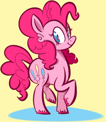 Size: 355x405 | Tagged: dead source, safe, artist:squirrelsphere, pinkie pie, earth pony, pony, cute, diapinkes, female, heart eyes, mare, no pupils, simple background, solo, unshorn fetlocks, wingding eyes, yellow background