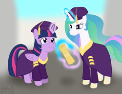 Size: 1563x1200 | Tagged: safe, artist:phallen1, princess celestia, twilight sparkle, twilight sparkle (alicorn), alicorn, pony, clothes, crying, diploma, female, graduation, graduation cap, graduation day, hat, mare, newbie artist training grounds, robe, scroll, tears of joy