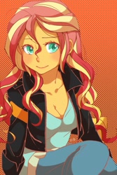 Size: 1200x1800 | Tagged: safe, artist:ku_rimo, sunset shimmer, equestria girls, breasts, cleavage, clothes, female, jacket, jeans, leather jacket, pants, shirt, simple background, solo