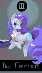 Size: 807x1389 | Tagged: safe, artist:twitchykismet, rarity, pony, unicorn, looking at you, simple background, solo, tarot card, the empress, tiara