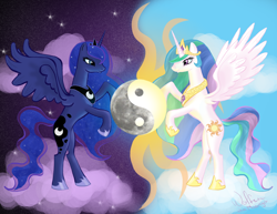 Size: 1024x791 | Tagged: safe, artist:wolfenm, princess celestia, princess luna, alicorn, pony, crown, female, horn, jewelry, mare, regalia, siblings, sisters, yin-yang