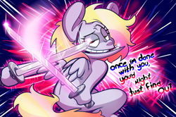 Size: 1280x852 | Tagged: safe, artist:extradan, derpy hooves, oc, oc:jerky hooves, pegasus, pony, katana, sword, tumblr, weapon