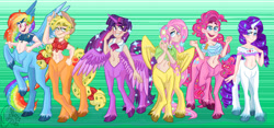 Size: 1500x700 | Tagged: safe, artist:mc10215, derpibooru import, applejack, fluttershy, pinkie pie, rainbow dash, rarity, twilight sparkle, twilight sparkle (alicorn), alicorn, centaur, earth pony, pegasus, unicorn, belly button, centaur pie, centaur twilight, centaurdash, centaurified, centaurity, centaurjack, centaurshy, cleavage, female, mane six, midriff, species swap