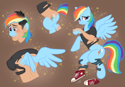 Size: 1159x800 | Tagged: safe, artist:hornbuckle, derpibooru import, rainbow dash, pegasus, pony, bipedal, blushing, brown background, clothes, commission, converse, disappearing clothes, human to pony, lip bite, magic, male to female, nervous, rule 63, shirt, shoes, simple background, smiling, sneakers, solo, sparkles, transformation, transformation sequence, transgender transformation