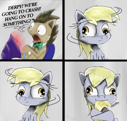 Size: 2000x1911 | Tagged: safe, artist:chopsticks, derpy hooves, doctor whooves, pony, bowtie, comic, crash landing, cute, derp, derpabetes, dialogue, female, flying, looking at you, male, mare, nom, screen, stallion, this will not end well