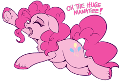 Size: 889x594 | Tagged: safe, artist:lulubell, derpibooru import, pinkie pie, earth pony, pony, chest fluff, dramatic, eyes closed, floppy ears, oh the huge manatee, oh the humanity, open mouth, profile, raised hoof, simple background, solo, transparent background, unshorn fetlocks