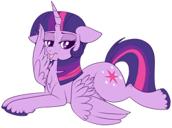 Size: 894x670 | Tagged: safe, artist:lulubell, derpibooru import, twilight sparkle, twilight sparkle (alicorn), alicorn, pony, chest fluff, prone, simple background, solo, sweat, transparent background, unshorn fetlocks, wing hands