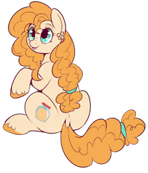 Size: 800x929 | Tagged: safe, artist:lulubell, derpibooru import, pear butter, earth pony, pony, cute, dock, female, freckles, looking back, looking to side, looking to the left, mare, open mouth, open smile, pearabetes, plot, simple background, sitting, smiling, solo, transparent background, upside down dock