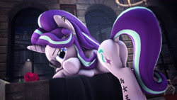Size: 3840x2160 | Tagged: safe, artist:calveen, starlight glimmer, pony, unicorn, 3d, alternate hairstyle, aviator glasses, bed, bedroom, bedroom eyes, building, butt, chair, chandelier, chinese, crossed hooves, dock, ear piercing, earring, featureless crotch, flower, glasses, glimmer glutes, jewelry, looking at you, lying, night, piercing, plot, presenting, rose, solo, source filmmaker, sunglasses, tattoo, wallpaper, window