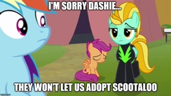 Size: 888x500 | Tagged: safe, derpibooru import, edit, edited screencap, editor:icey-wicey-1517, screencap, lightning dust, rainbow dash, scootaloo, pegasus, pony, the washouts (episode), adoption, clothes, eyes closed, female, filly, image macro, imgflip, lesbian, mare, meme, rainbowdust, sad, shipping, tent, text, the washouts, uniform, washouts uniform