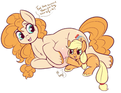 Size: 933x717 | Tagged: safe, artist:lulubell, derpibooru import, applejack, pear butter, earth pony, pony, cute, female, filly, filly applejack, foal, implied apple bloom, jackabetes, listening, mare, mother and child, mother and daughter, parent and child, pearabetes, pregnant, simple background, transparent background, unshorn fetlocks, younger