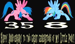 Size: 2032x1192 | Tagged: safe, artist:mellow91, derpibooru exclusive, derpibooru import, firefly, rainbow dash, pegasus, pony, g1, g4, 1000 hours in ms paint, 35th anniversary, black background, duo, female, g1 to g4, generation leap, happy birthday mlp:fim, mare, mlp fim's eighth anniversary, raised hoof, simple background, smiling, text