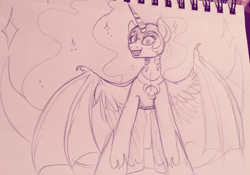 Size: 1200x838 | Tagged: safe, artist:lulubell, derpibooru import, nightmare moon, feathered bat wings, looming, sketch, solo, traditional art