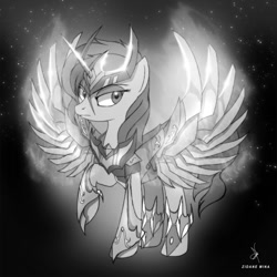 Size: 1080x1080 | Tagged: safe, artist:zidanemina, sunset shimmer, pony, unicorn, alternate hairstyle, artificial wings, augmented, female, mare, mechanical wing, monochrome, raised hoof, saint seiya, solo, wings