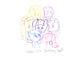 Size: 2224x1668 | Tagged: safe, artist:joey, derpibooru import, applejack, fluttershy, pinkie pie, rainbow dash, rarity, spike, twilight sparkle, dragon, earth pony, pegasus, pony, unicorn, female, happy birthday mlp:fim, hug, mlp fim's eighth anniversary, sketch