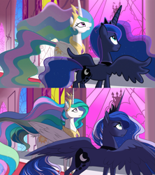 Size: 1145x1290 | Tagged: safe, artist:vilina, screencap, princess celestia, princess luna, alicorn, classical unicorn, pony, the crystal empire, leonine tail, redraw, scene interpretation, spread wings