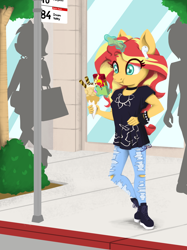 Size: 800x1067 | Tagged: safe, artist:blu-usagi, sunset shimmer, anthro, cellphone, clothes, earbuds, food, glowing horn, ice cream, magic, phone, shirt, smartphone, solo focus, street, t-shirt, telekinesis, torn jeans