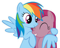 Size: 993x804 | Tagged: safe, artist:comfydove, derpibooru import, pinkie pie, rainbow dash, earth pony, pegasus, pony, cute, cuteamena, dashabetes, grin, happy, hug, pinkamena diane pie, simple background, smiling, transparent background, vector