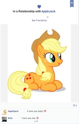 Size: 341x533 | Tagged: safe, applejack, earth pony, pony, facebook, meta, solo, text