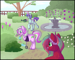 Size: 1250x1000 | Tagged: safe, artist:lulubell, derpibooru import, oc, oc only, oc:berry mojito, oc:bound novel, oc:mint melon mojito, earth pony, pony, unicorn, amputee, flower, flower in hair, fountain, garden, glowing horn, magic, mouth hold, telekinesis