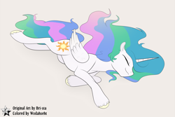 Size: 4500x3000 | Tagged: safe, artist:bri-sta, artist:wodahseht, color edit, princess celestia, alicorn, pony, colored, cute, cutelestia, eyes closed, female, mare, missing accessory, on side, sleeping, smiling, solo, unshorn fetlocks