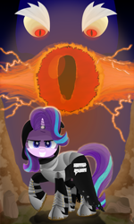 Size: 1800x3000 | Tagged: safe, artist:spellboundcanvas, grogar, starlight glimmer, pony, unicorn, armor, betrayal, cloak, clothes, crystal ball, equal sign, evil, female, grogar's orb, hood, horn, horn ring, mare