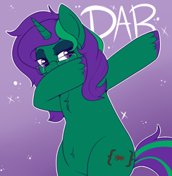 Size: 750x770 | Tagged: safe, artist:lulubell, derpibooru import, oc, oc only, oc:buggy code, pony, unicorn, dab, female, mare, meme