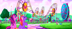 Size: 1190x480 | Tagged: safe, derpibooru import, screencap, pinkie pie, rainbow dash, rainbow dash (g3), skywishes, twinkle twirl, earth pony, pony, dancing in the clouds, g3, ferris wheel, g3 panorama, kite, panorama, roller coaster